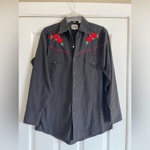 ELY CATTLEMAN black rose embroidered western shirt M